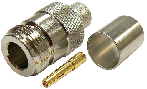 N-type female, solder pin, crimp connector for RU400 low loss coaxial cable and RG8 coaxial cable, DC-11 GHz, 50 Ohms – tri-metal plated
